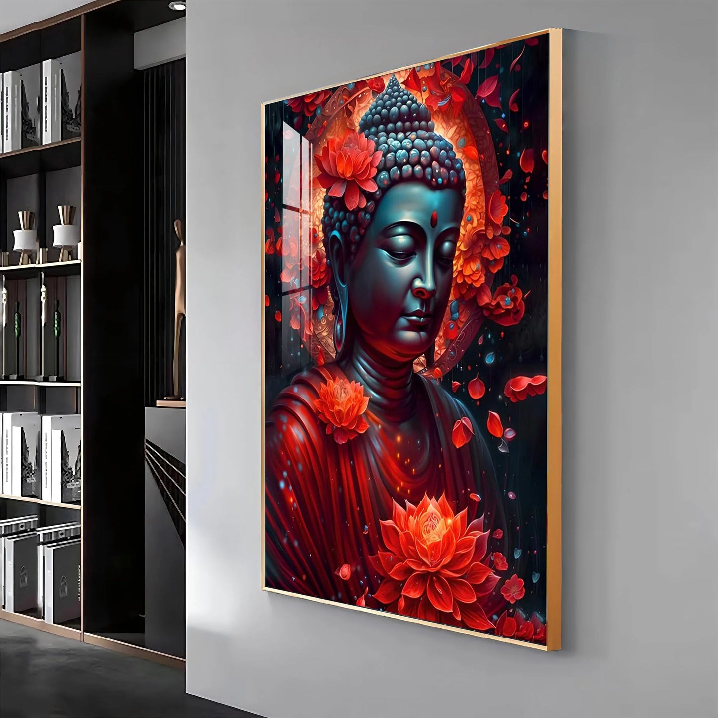Red Buddha With Lotus Luxury Crystal Vertical Wall Art