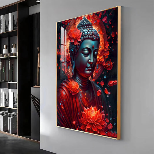 Red Buddha With Lotus Luxury Crystal Vertical Wall Art