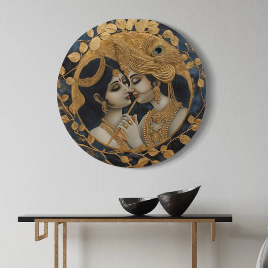 Round Duet Radhakrishna Canvas Giclee Print Round Canvas Wall Art