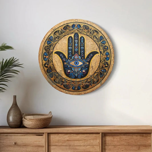 Round Hamsa Blue Hand Canvas Giclee Print Round Canvas Wall Art