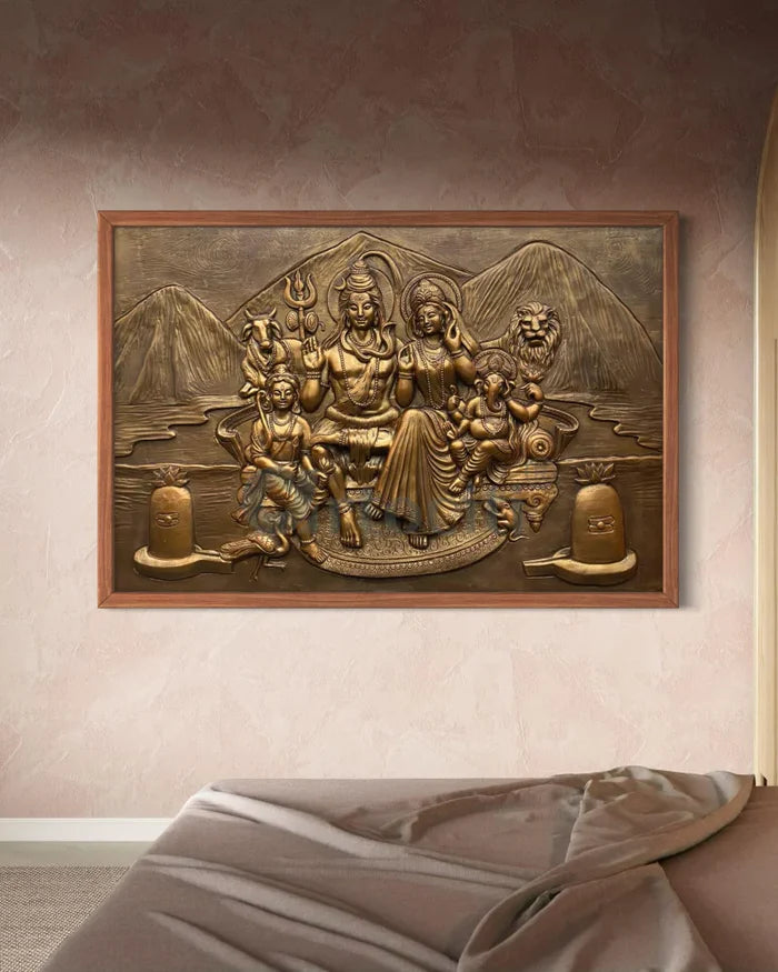 6X4 Feet Shiva Parivar 3D Relief Mural Wall Art Bronze & Golden Elegance