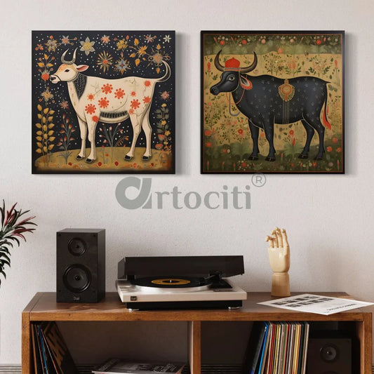 Sacred Krishna Pichwai Cow Reverie Set of 2 Canvas Paintings