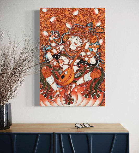 Goddess Saraswati Sitar Art: Vibrant Kerala Mural Canvas