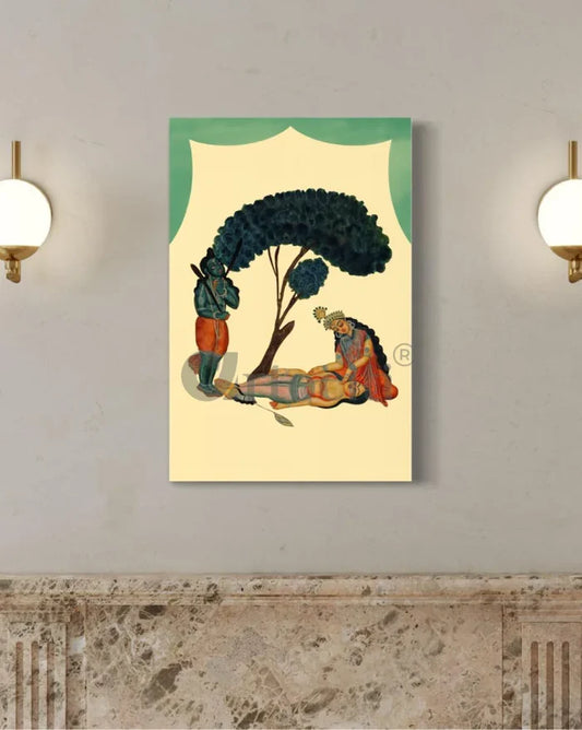 Savitri begs Yama not to take Satyavan, a scene from the Mahabharata Kalighat Painting Canvas Giclee Print