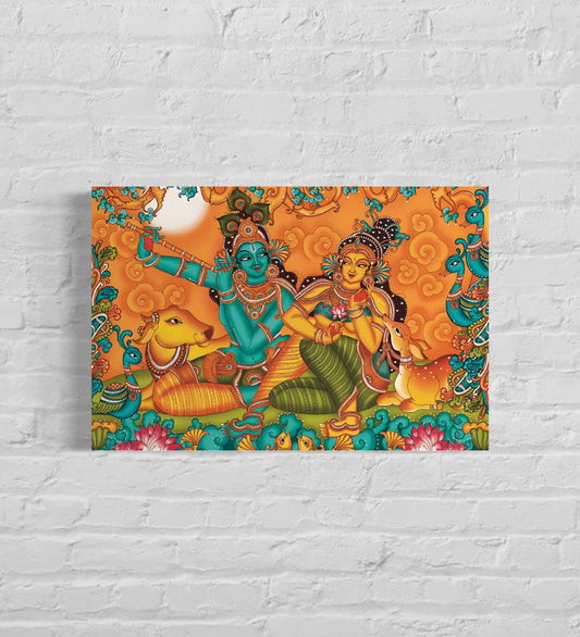 Melodic Serenity Kerala Mural Radha Krishna Bansuri Canvas Painting