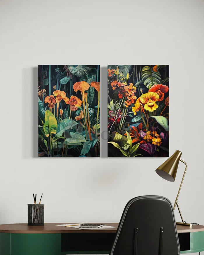 Set of 2 Abstract Tropical Flora Canvas Paintings – Modern Wall Art Decor