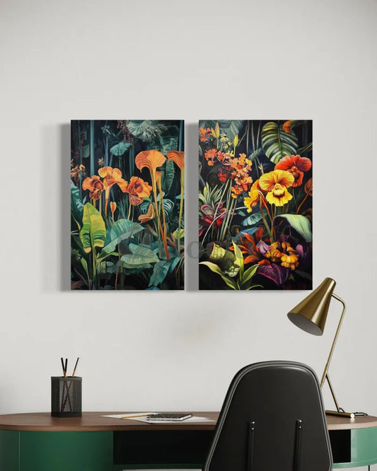 Set of 2 Abstract Tropical Flora Canvas Paintings – Modern Wall Art Decor