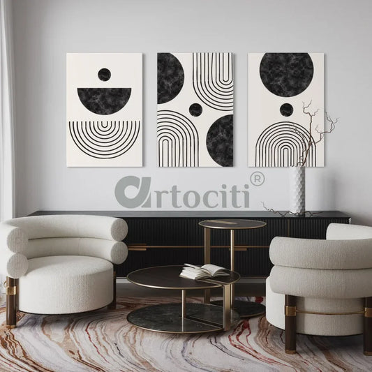 Set of 3 Abstract modern art with geometric balance shapes Bauhaus Art