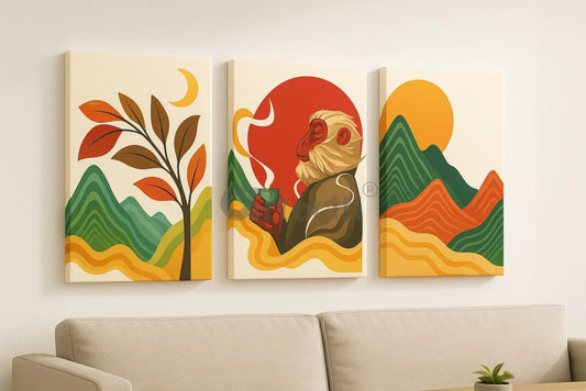 Set of 3 Boho Chic Abstract Monkey & Nature Canvas Wall Painting