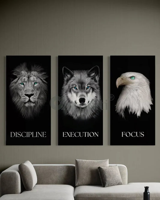 Set of 3 Discipline | Execution | Focus - Motivational Animal Portrait Canvas Paintings | 4X2 Feet