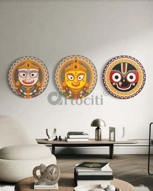 Set of 3 Divine Pattachitra Trio – Jagannath, Subhadra & Balabhadra | Round Canvas Wall Art