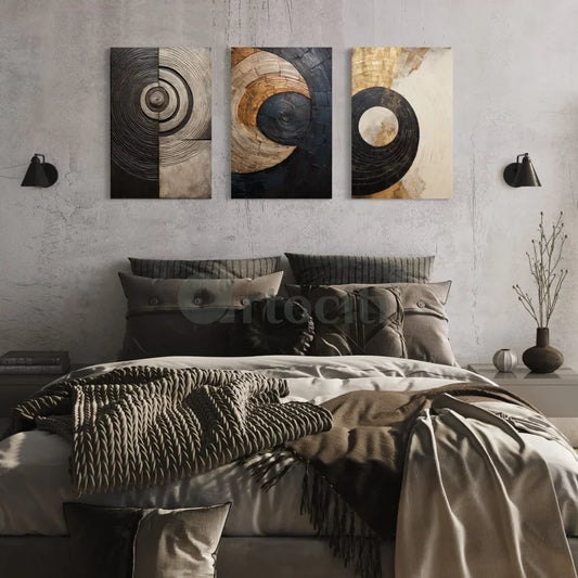Set of 3 Golden Black Graphic Marble design Abstract Canvas Prints