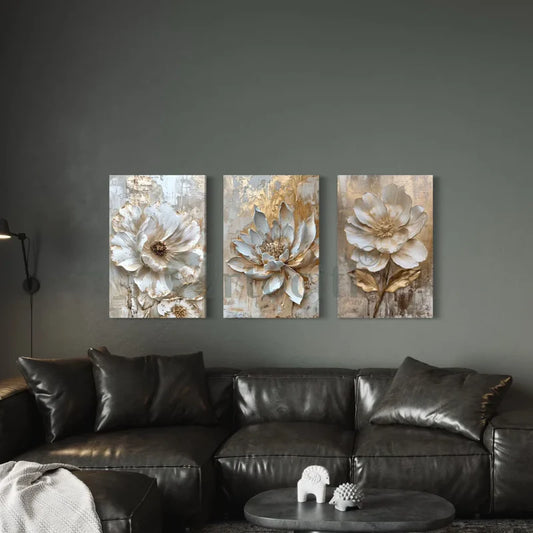 Set of 3 Golden Grey Floral Abstract Canvas Giclee Prints