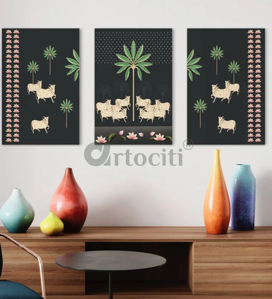 Set of 3 Krishna Pichwai Cow Canvas Prints Premium Quality Wall Art