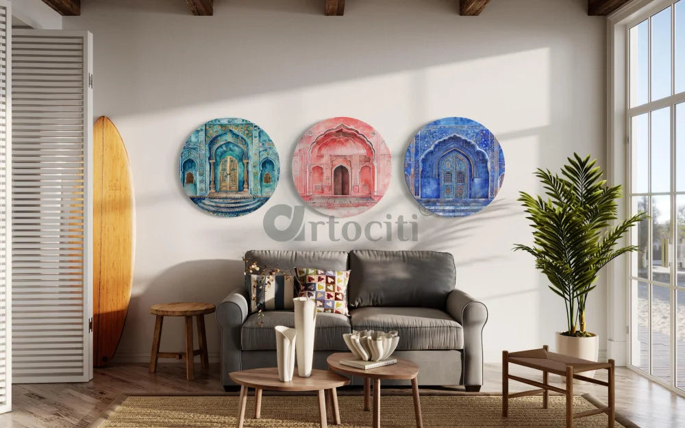 Set of 3 Round Royal Door Painting Rajasthani Art Famous Canvas Painting