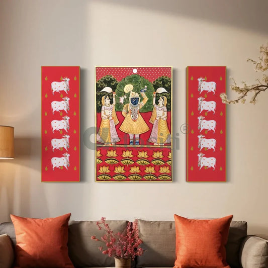Set of 3 Shreenath Ji with Pichwai Cow in Red Canvas Giclee Prints