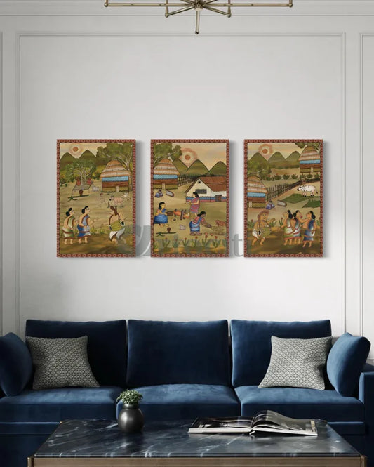 Set of 3 Tribal Dance | Village Life Canvas Paintings | Premium Giclee Prints | Jharkhand Arts