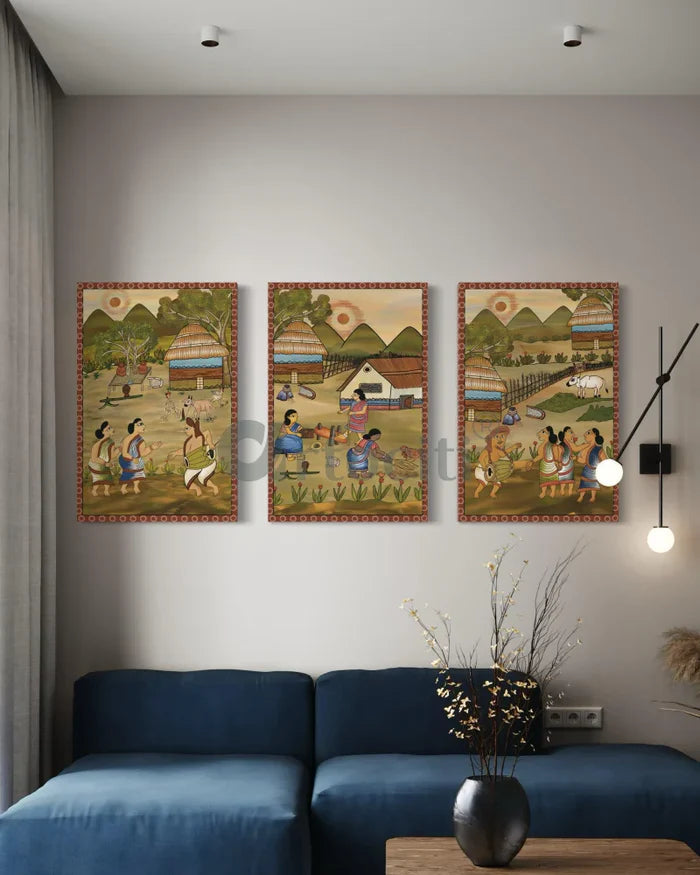 Set of 3 Tribal Dance | Village Life Canvas Paintings | Premium Giclee Prints | Jharkhand Arts