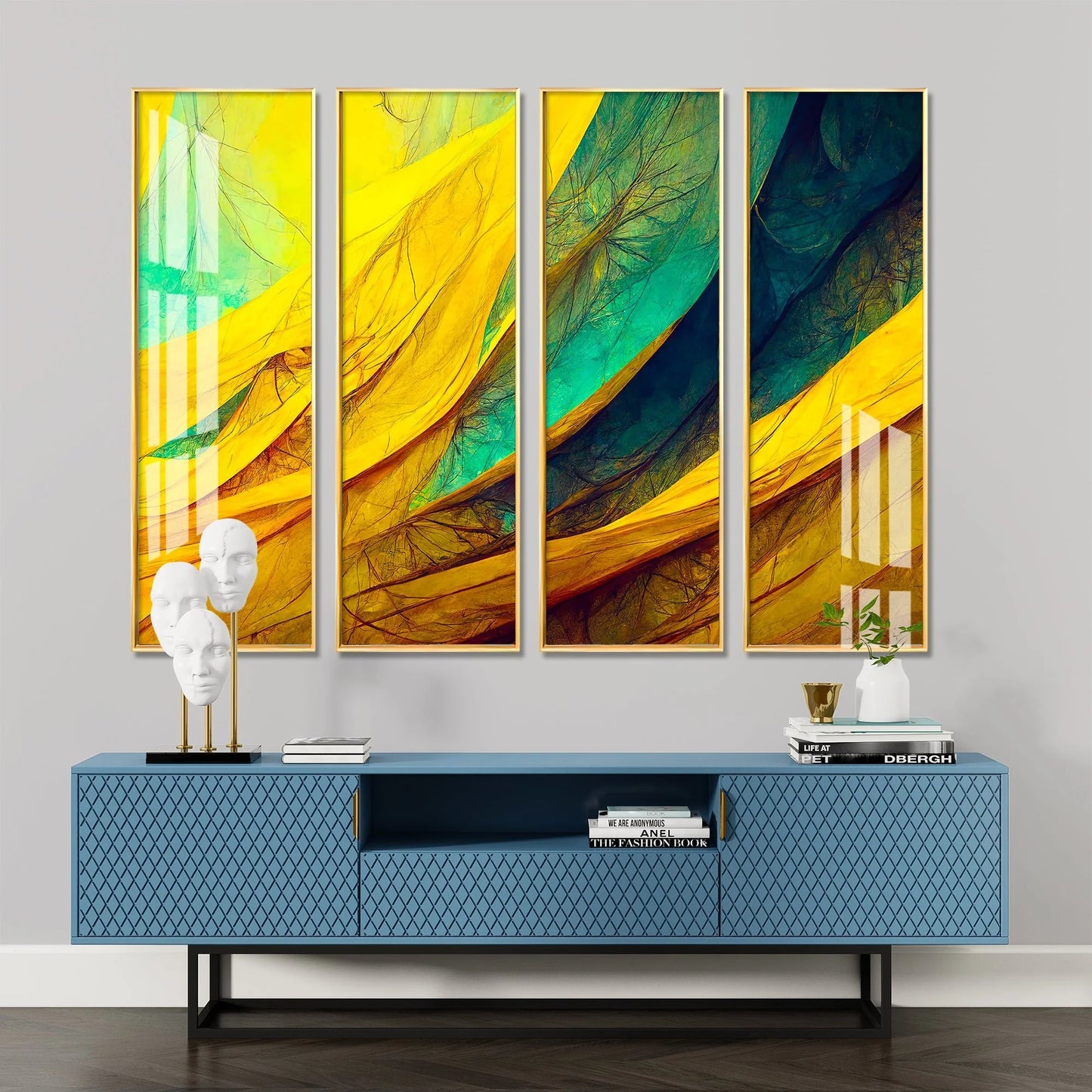 Shades of Green &Yellow Premium Acrylic Vertical Wall Art (set of 4)