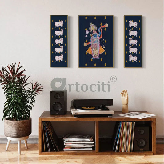 Shrinath Ji with Cows Pichwai Painting Set of 3