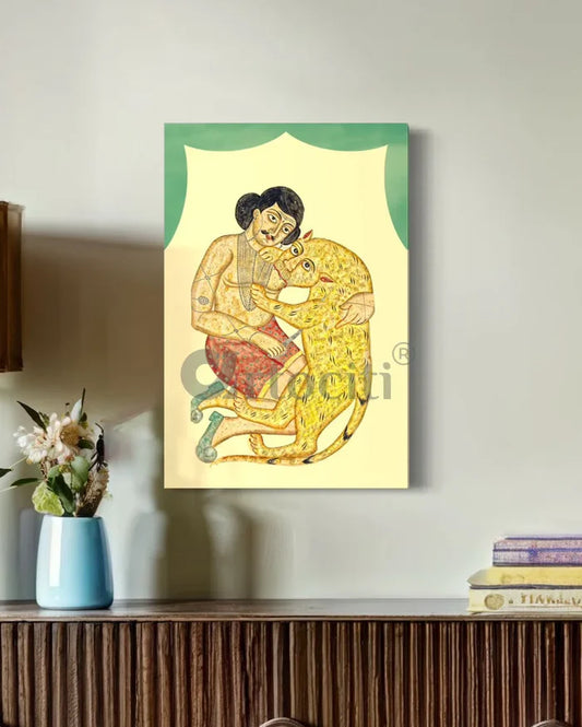 Shyamakanta Wrestling with a Tiger Kalighat Canvas Giclee Print