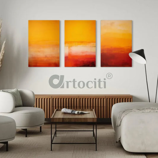 Sunset Radiance - Set of 3 Orange & Yellow Canvas Paintings