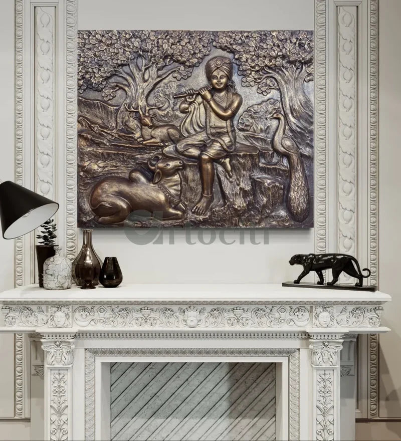 Kanha (Krishna) with Cow 3D Relief Mural Wall Hanging