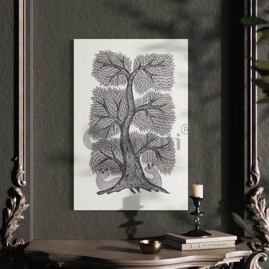 Tree of Life Gond Art Monochrome Canvas Giclee Print