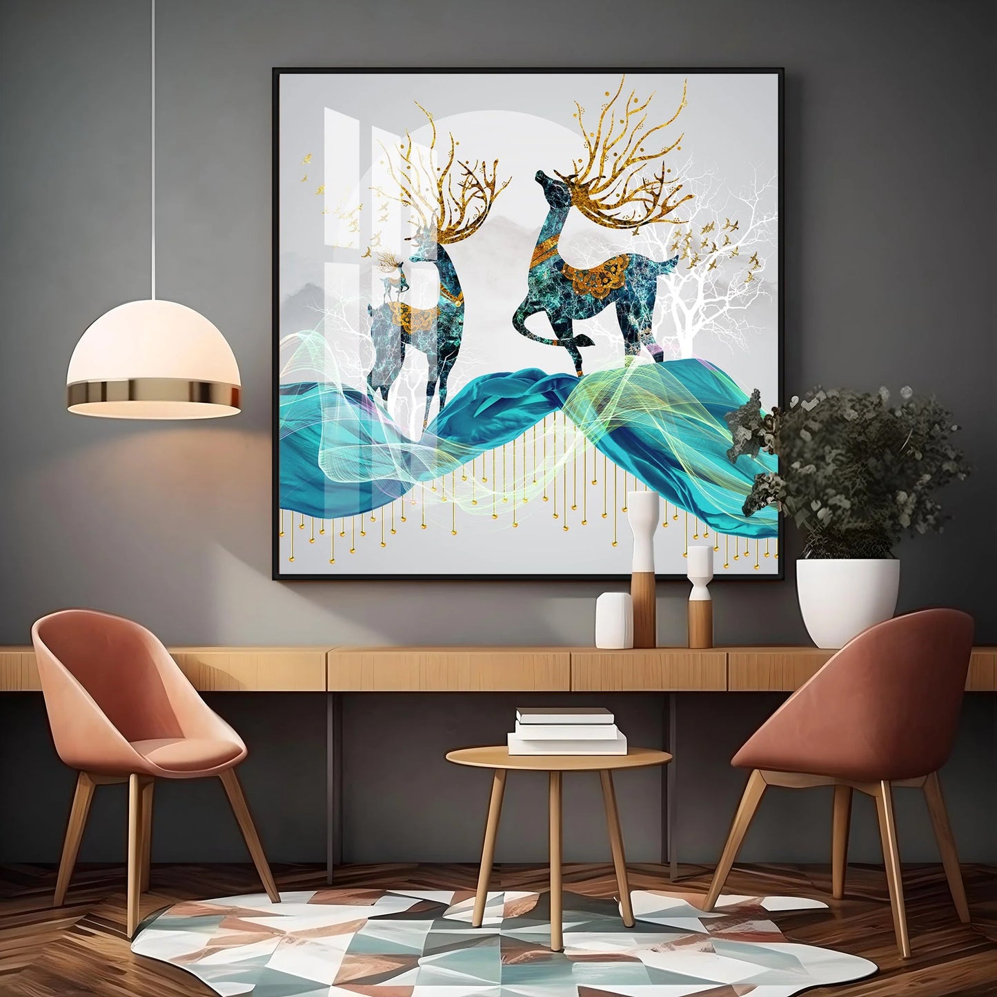 Two Beautiful Blue Deers Luxury Crystal Square Wall Art