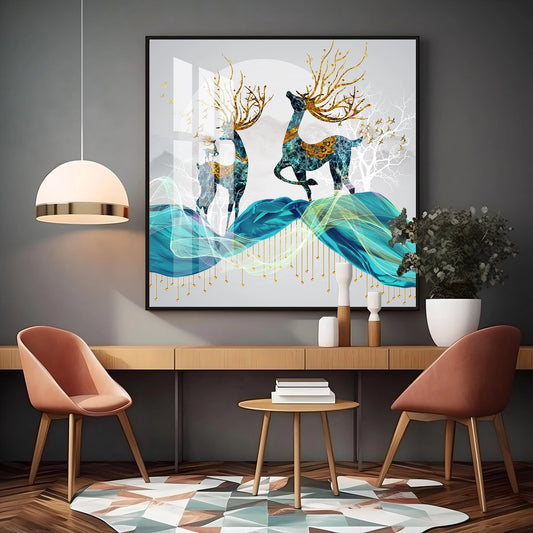 Two Beautiful Blue Deers Luxury Crystal Square Wall Art