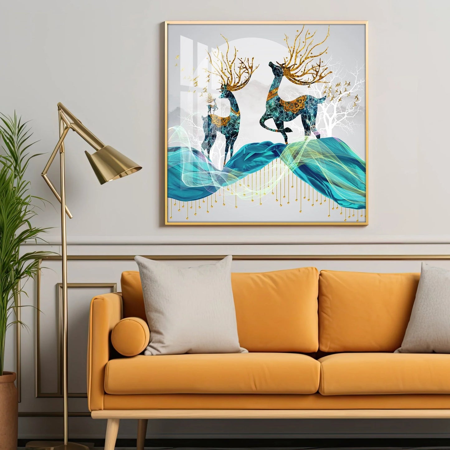 Two Beautiful Blue Deers Luxury Crystal Square Wall Art