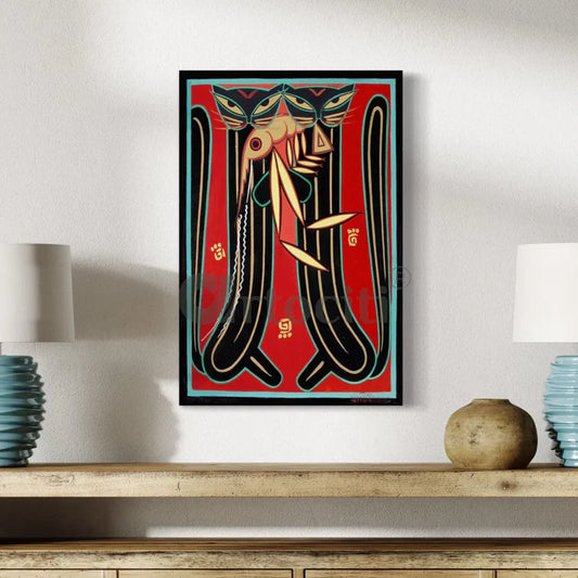 Two Cats with Prawn by Jamini Roy Painting Canvas Giclee Print Kalighat Painting