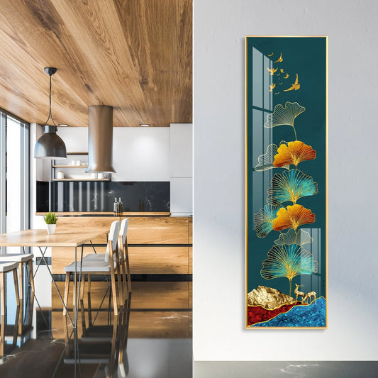 Two Deer On Ginkgo Leaf Vertical Luxury Crystal Vertical Wall Art