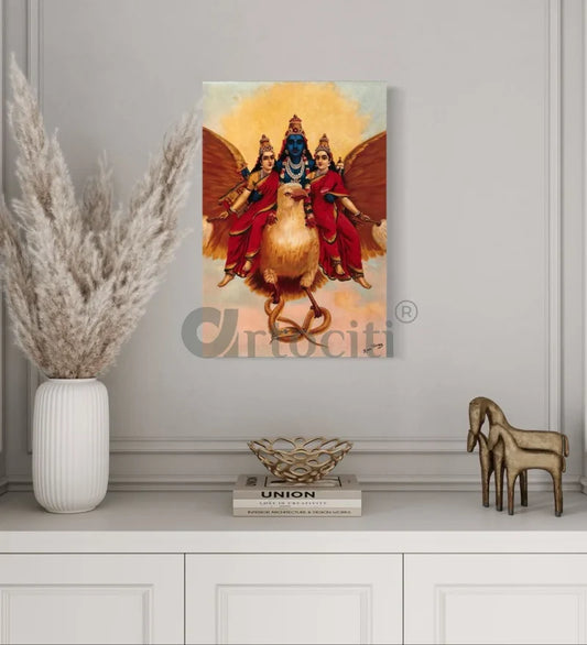 Vishnu on Garuda with His Consorts by Raja Ravi Varma - Famous Canvas Painting