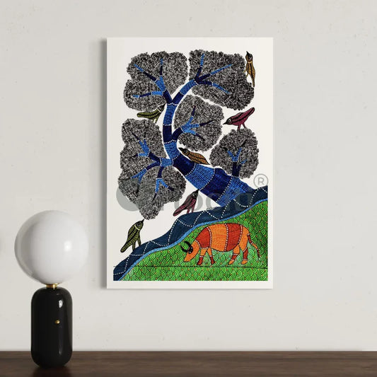 Whimsical Harmony Bird and Tree Gond Art Canvas Print