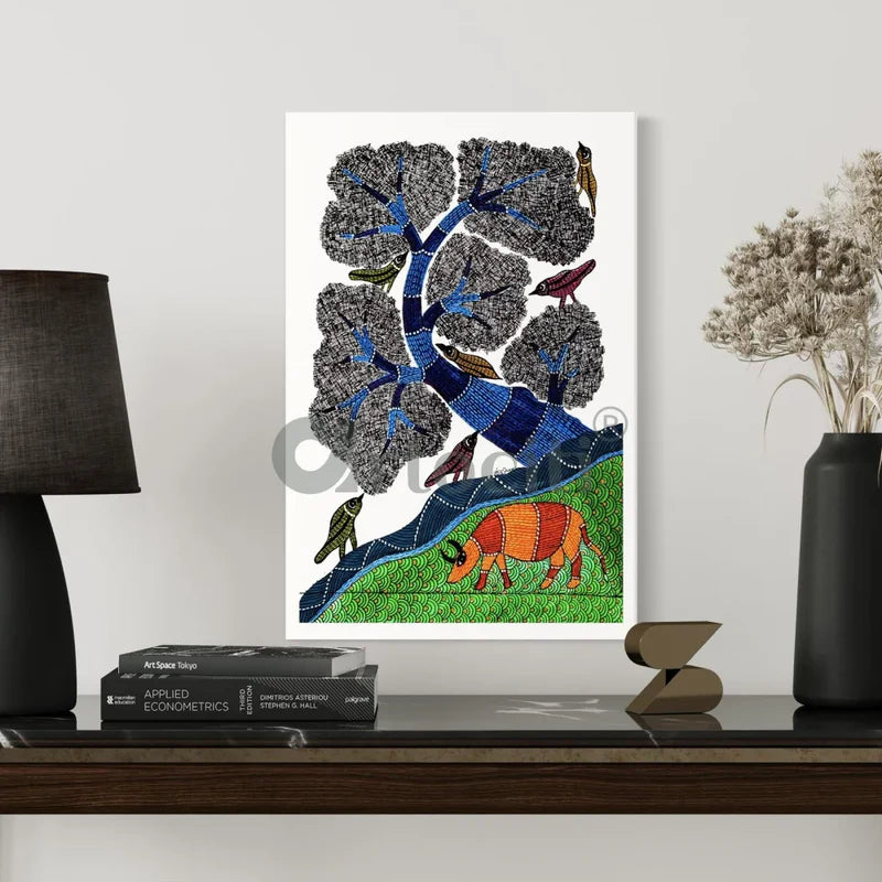 Whimsical Harmony Bird and Tree Gond Art Canvas Print