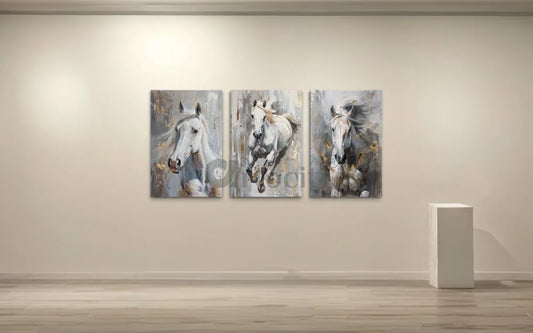 White Horse Trio Modern Abstract Canvas Giclee Print Set