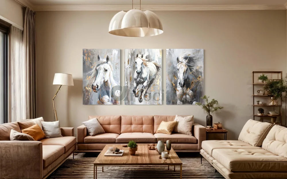 White Horse Trio Modern Abstract Canvas Giclee Print Set