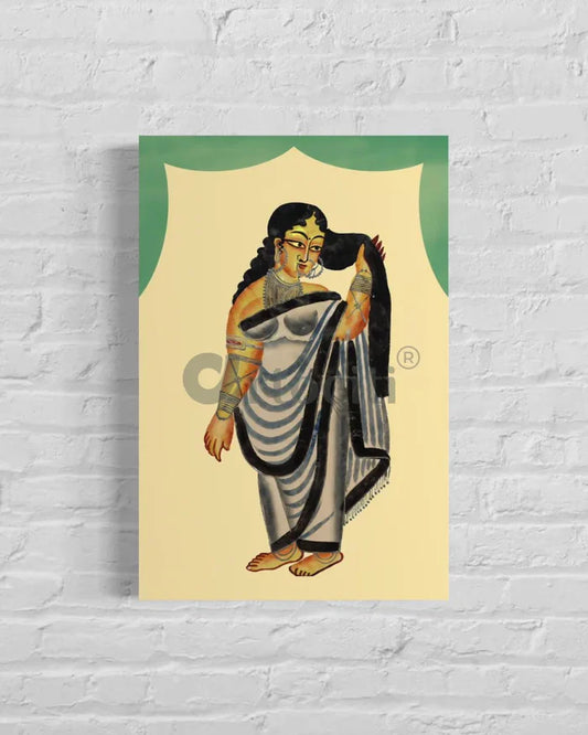 Woman Bibi Fixing Her Hair Kalighat Painting Canvas Giclee Print