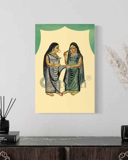 Woman Indulging in Hookah and Betel Leaves Kalighat Painting Canvas Giclee Print