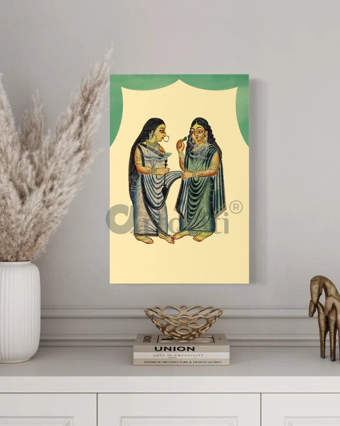 Woman Indulging in Hookah and Betel Leaves Kalighat Painting Canvas Giclee Print