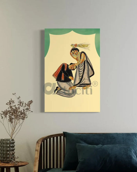 Woman Striking Man with Broom Kalighat Painting Canvas Giclee Print