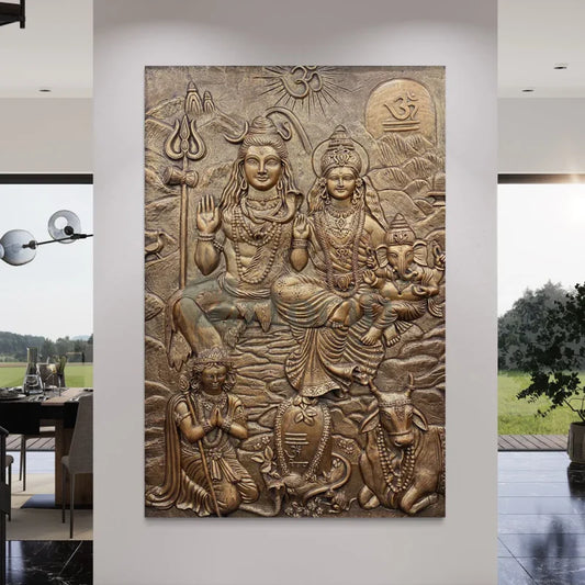 Lord Shiva Parivar 3D Relief Mural Wall Art Bronze & Golden Elegance