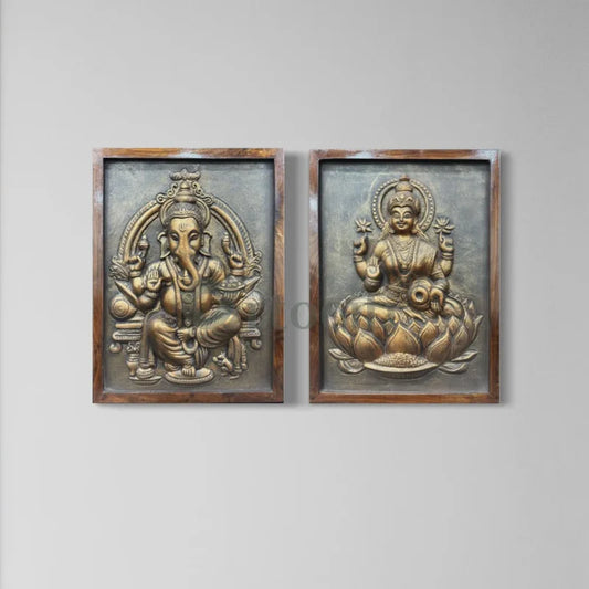 Lord Ganesh & Goddess Laxmi Relief Mural Wall Art Set of 2